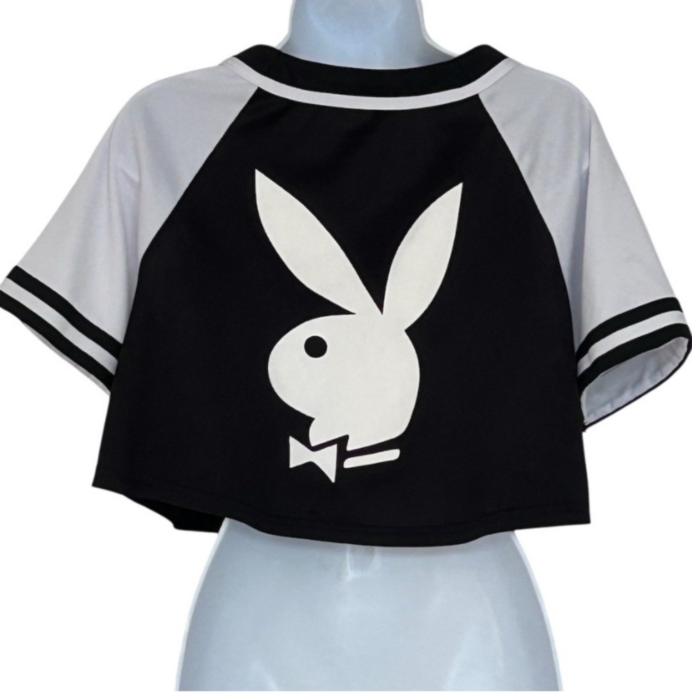 Playboy Cropped Baseball Jersey Top Women Size L Black White Button Front Logo - Picture 2 of 3